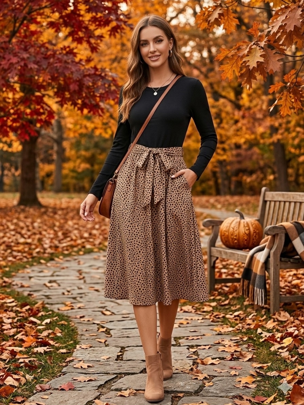 Women's Brown Printed Tie-Waist Midi Skirt